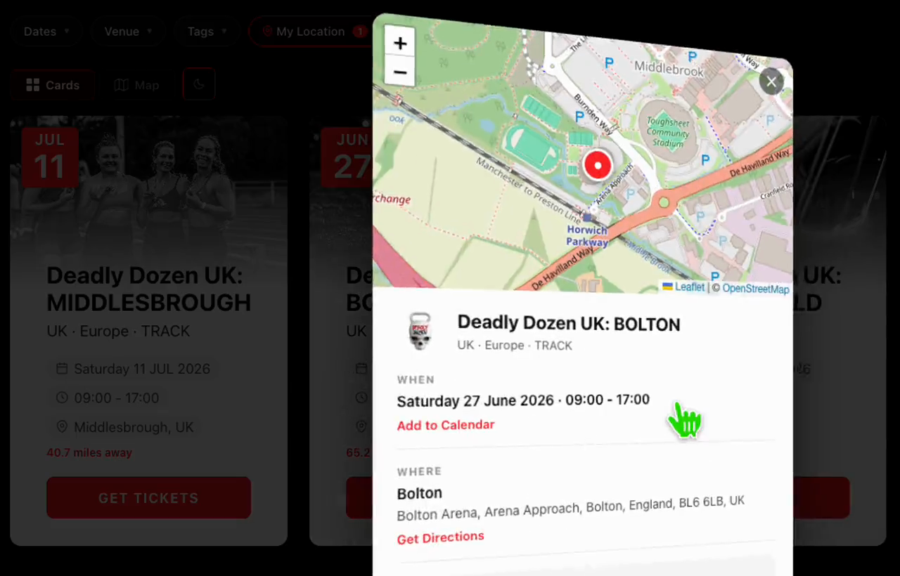 Deadly Dozen events management dashboard showing upcoming and past competitions